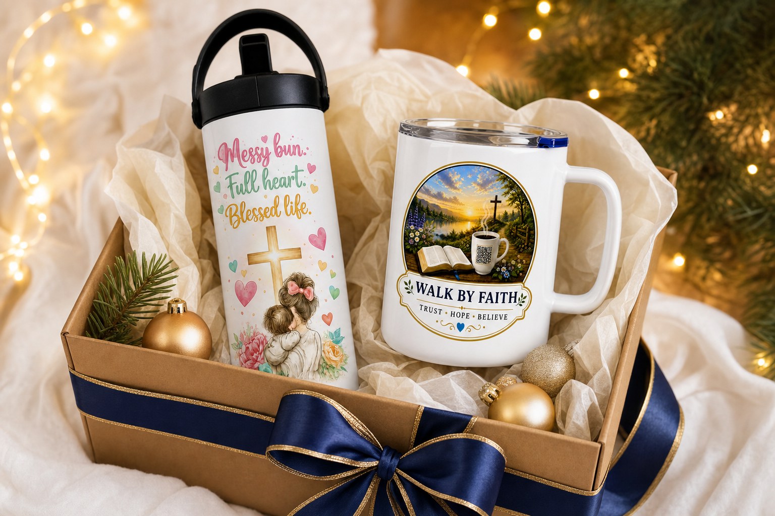 Walk By Faith mug and Messy Bun Full Heart tumbler gift-boxed with a navy and gold ribbon